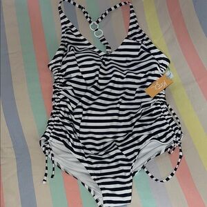 Kona Sol Black and White One Piece Swimsuit with Stripes